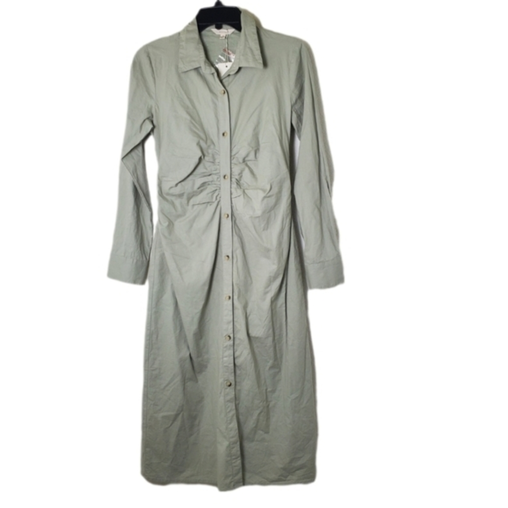 Sim & Sam NWT Women's Sage Green Cotton Long Sleeve‎ Button-Up Midi Shirt Dress
